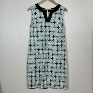 Talbots Petites Womens Linen Blend Shift Dress 10P Teal Navy Sleeveless Pockets